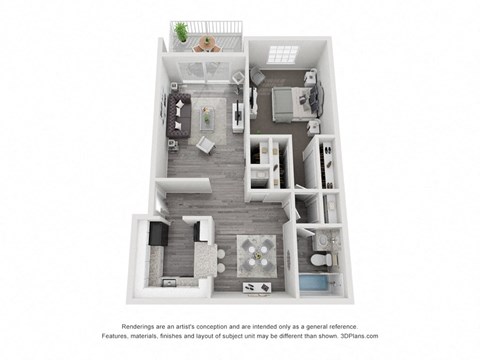 Floor plan for 1 bed, 1 bath, 728 sqft